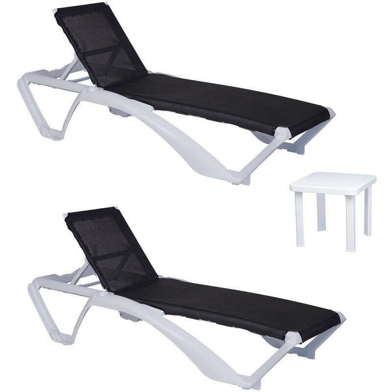 Acqua-andorra Chaise Longue-Table Auxiliaire Extérieur Set 2+1 Structure Blanche - Textilène Noir - Garbar