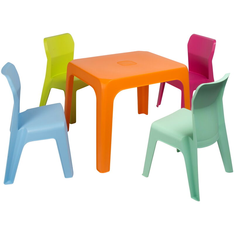 Jan Chaise-Table Pour Enfants Intérieur, Extérieur Set 4+1 Bleu Ciel/Fuchsia/Orange/Vert Citron/Menthe - Garbar