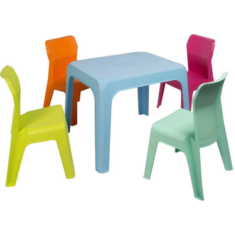 Jan Chaise-Table Pour Enfants Intérieur, Extérieur Set 4+1 Bleu Ciel/Fuchsia/Orange/Vert Citron/Menthe - Garbar
