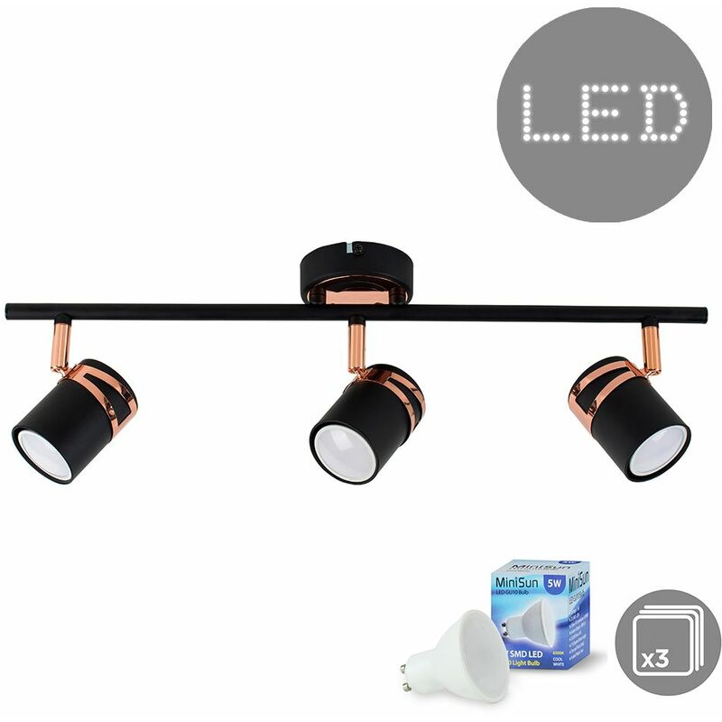 Minisun - Matt Black & Copper 3 Way Ceiling Spot Light - Cool White LED Bulbs