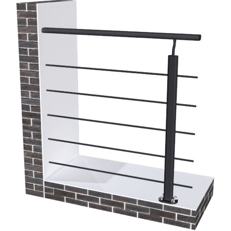 Garde-corps aluminium noir mat 1m, avec 5 traverses et 1 main courante, pose à plat contre le mur, en kit complet