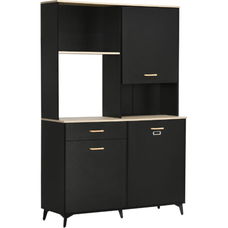 Garde-manger de cuisine avec armoires à tiroirs et étagères Meubles auxiliaires micro-ondes Style moderne 119x41x180cm Noir