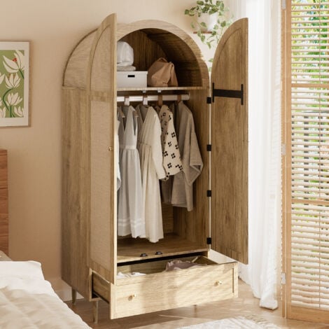 NMONET Garde-robe 175 cm, armoire avec 2 portes en tissu, barre et tiroir, Penderie design rustique en finition chêne, avec pieds en bois, rangement pour chambre - Couleur chêne