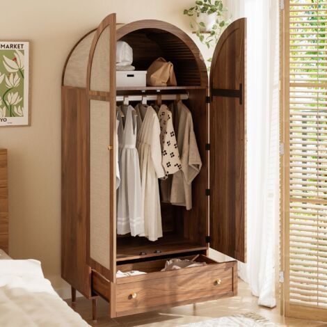 Garde-robe 175 cm, armoire avec 2 portes en tissu, barre et tiroir, Penderie design rustique en finition noyer, avec pieds en bois, rangement pour chambre