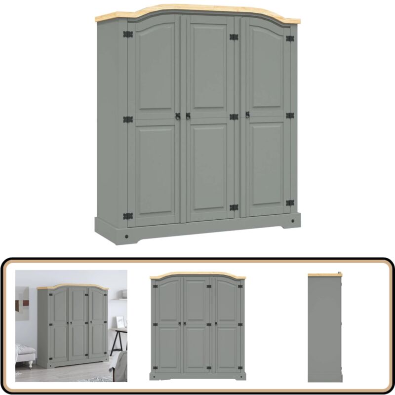 Vidaxl - Garde-robe avec 3 portes Gamme Corona pin mexicain Gris - Garderobe - Armoire - Placard - Meuble Mexicain - Style Corona
