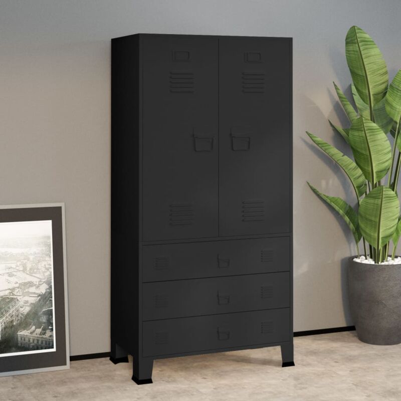 Vidaxl – Garde-robe industrielle en métal noir 90x50x180 cm – 2 étagères non réglables – 1 barre de penderie – 3 tiroirs à glissières