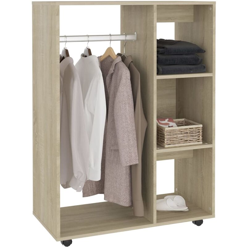 Petite armoire dressing sur roulette 1 penderie 3 étagères 80cm - Collection Event-Chêne clair
