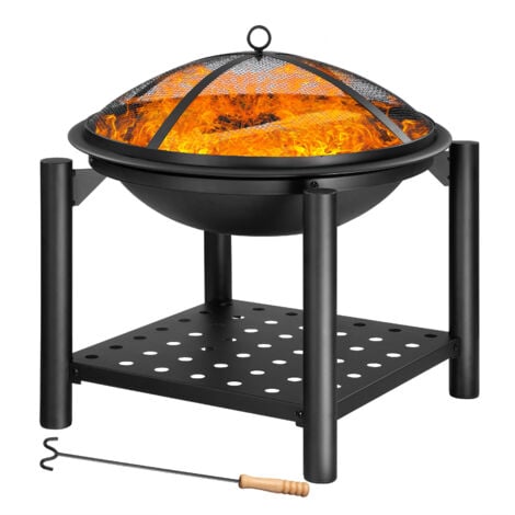 GARDEBRUK® Brasero de jardin avec pare-étincelles Couvercle tisonnier Ø55 cm Support à bois Acier Noir Jardin Terrasse Cheminée
