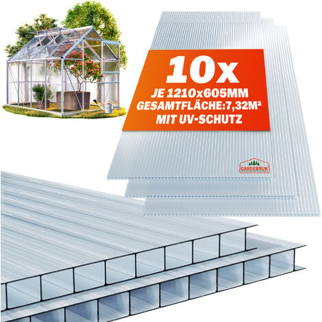 GARDEBRUK® Doppelstegplatten Zuschneidbar 121x60,5cm Polycarbonat UV-beständig Klar Hohlkammerplatten Gewächshaus Platten Stegplatten 10er Set 6mm