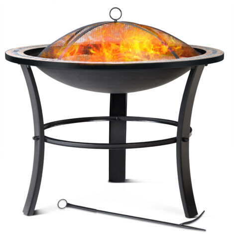 GARDEBRUK® Fuego Round Mosaic Garden Fire Pit  76cm 30" Diameter  Real Stone Tile Mosaic Decorated Edge  Fire Grate Spark Arrestor Cover Grid and Hook Included  Outdoor Log Burner