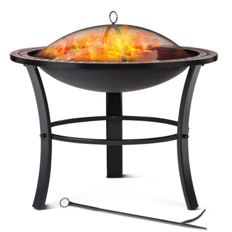 GARDEBRUK® Fuoco Round Mosaic Garden Fire Pit  76cm 30" Diameter  Real Stone Tile Mosaic Decorated Edge  Fire Grate Spark Arrestor Cover Grid and Hook Included  Outdoor Log Burner