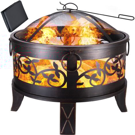 GARDEBRUK® Garden Patio Fire Pit  Diameter 67 cm  Rustic Outdoor Modern Steel Fire Basket Log Burner  Spark Protection Mesh Grill Guard, Poker, Storage Cover  Black Bronze