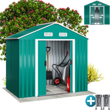 GARDEBRUK® Large 6x4' Metal Tool Shed With Foundation  2m² 4m³  Apex Roof  196x132x188cm  Sliding Door  Galvanised Steel Garden Equipment Bike Log Storage  Green