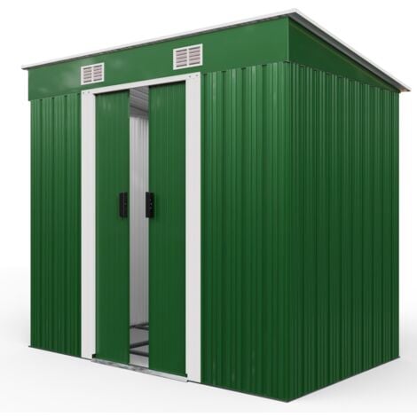 GARDEBRUK® Large 6x4' Metal Tool Shed With Foundation  2m² 4m³  Pent Roof  200x125x185cm  Sliding Door  Galvanised Steel Garden Equipment Bike Log Storage  Green