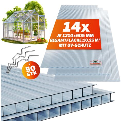 Gardebruk – Lot de 14 plaques de polycarbonate 4mm – Surface 10,25m² – Clips de vitrage en acier inoxydable – Fixation pour serre de jardin