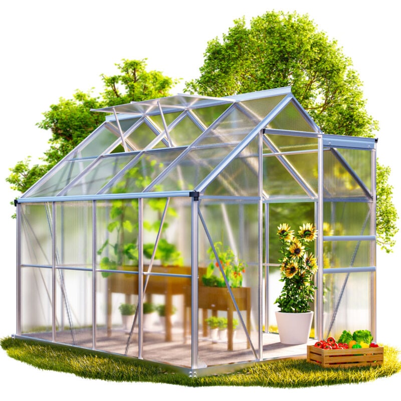 Serre de jardin aluminium 3,6m²-7,2m² serre polycarbonate serre à tomates plantes légumes potager semis porte coulissante lucarnes 250x190x195cm avec