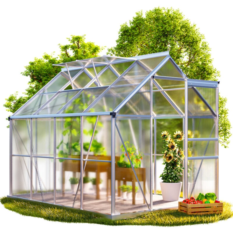 Serre de jardin aluminium 3,6m²-7,2m² serre polycarbonate serre à tomates plantes légumes potager semis porte coulissante lucarnes 250x190x195cm