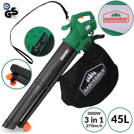 GARDEBRUK® soffiatore aspiratore e trituratore elettrico 3in1 3000W con tracolla sacchetto 45L e ruote