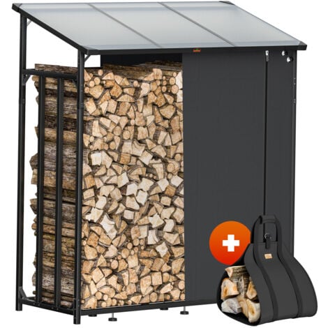 GARDEBRUK® XXL Outdoor Steel Firewood Rack with Polycarbonate Roof & Cover Garden Log Store Fire Wood Stack Shed Shelter Storage Stacking Aid Shelf Including Carrying Bag Black