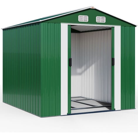 GARDEBRUK® XXXL 8x10' Metal Tool Shed With Foundation 8m² 15m² Apex Roof 312x257x178cm Sliding Door Galvanised Steel Garden Equipment Bike Log Storage Green