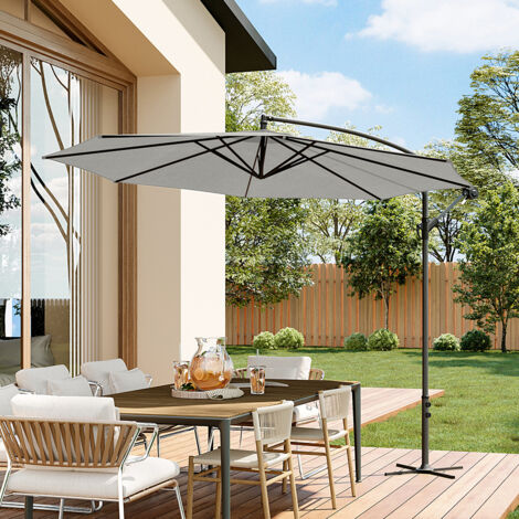 Garden 3M Light Grey Banana Parasol Cantilever Hanging Sun Shade Umbrella Shelter with Cross Base