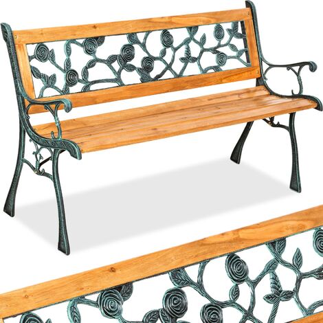 NO BRAND Garden Bench Marina - 2-seater, wood and cast iron, 124 x 52 x 74 cm - wooden bench, wooden garden bench, outdoor bench