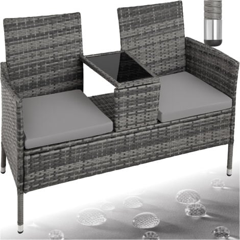 Garden Bench Narbonne - 2-seater with table, weather-resistant polyrattan - love seat, patio set, garden set - grey/light grey