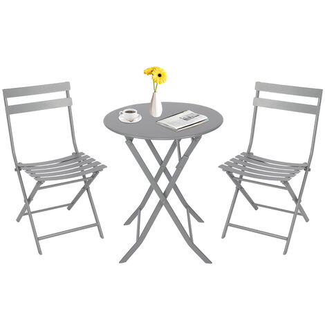 Garden Bistro Set of 3, Steel Garden Furniture Set with Folding Dining Table and Folding Chairs for Outdoor Garden Yard Porch Poolside Lawn Balcony (Gray)