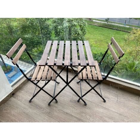 Garden Bistro Set Rustic Wooden Patio Outdoor Cafe Metal Folding 2 Chairs Table