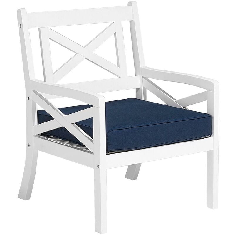 Nautical Acacia Garden Patio Chair Armchair White with Blue Cushion Baltic