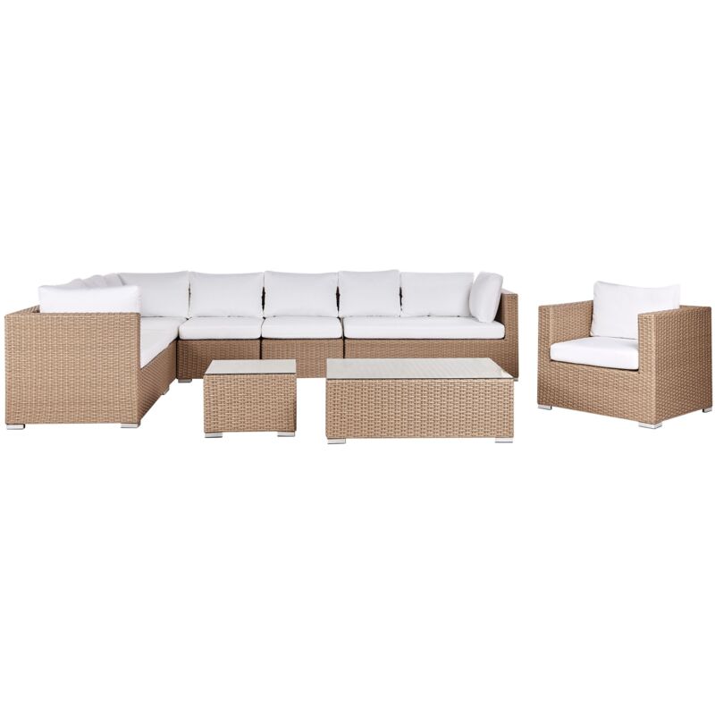 Beliani Garden Conversation Set Sand Beige Wicker Pe Rattan White Cushions 8 Seater Xxl