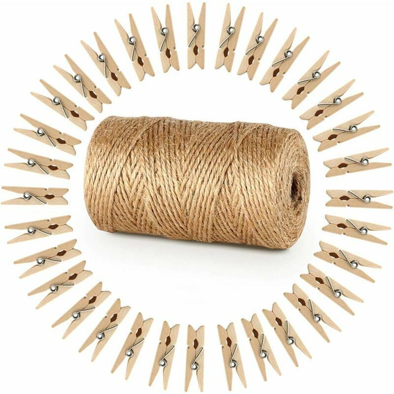Hoopzi - Garden Cord with 100 Wooden Clothespins 3.5cm Handcrafted Cord Jute Cord 100m Natural Jute Cord Clothespins Guest Gift Wrapping