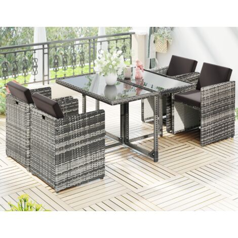 Garden Dining Set 4-Seater Outdoor Rattan Furniture Set Garden Lounge Outdoor Dining Furniture Dining Table and 4 Chairs with Glass Top Coffee Table & Cushions