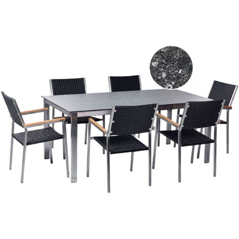 Garden Dining Set 6 Seater COSOLETO/GROSSETO Tempered Glass Granite Effect Black
