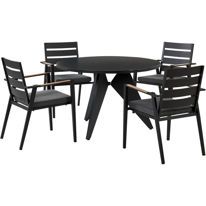 Garden Dining Set Black with Grey Cushions Aluminium Round Table 4 Chairs Olmetto/Taviano