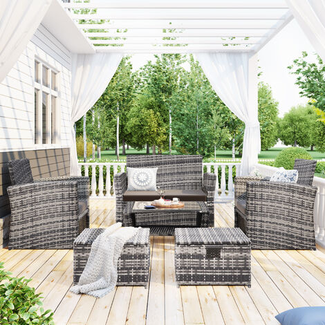 Garden Dining Set Garden Furniture Set 6-seater Outdoor Rattan Sofa Set Garden Lounge 6Pcs with Coffee Table and Footstools
