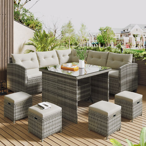 9 Seater Garden Outdoor Rattan Furniture Set 8 Pcs Patio Garden Sofa Set with Dining Table & Chair & 4 Ottoman