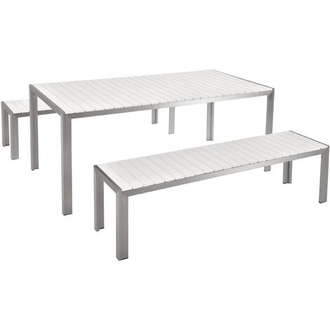 Garden Dining Table And 2 Benches Plastic Wood White Nardo 39773 Garden Dining Table And 2 Benches Plastic Wood White Nardo