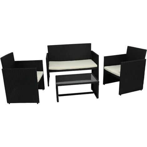 Garden Friend Living Room Valencia (2 Sessel 1 Sofa 1 Tisch) schwarzer Polyrattanbezug mit weißen Kissen