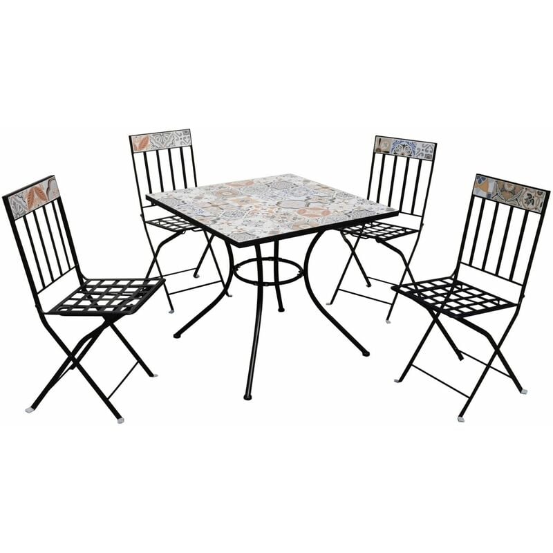 Salotto Maiolica Quadro Sicily ensemble en acier noir composé d'une table avec plateau carrelé et de quatre chaises avec plateau carrelé - Garden