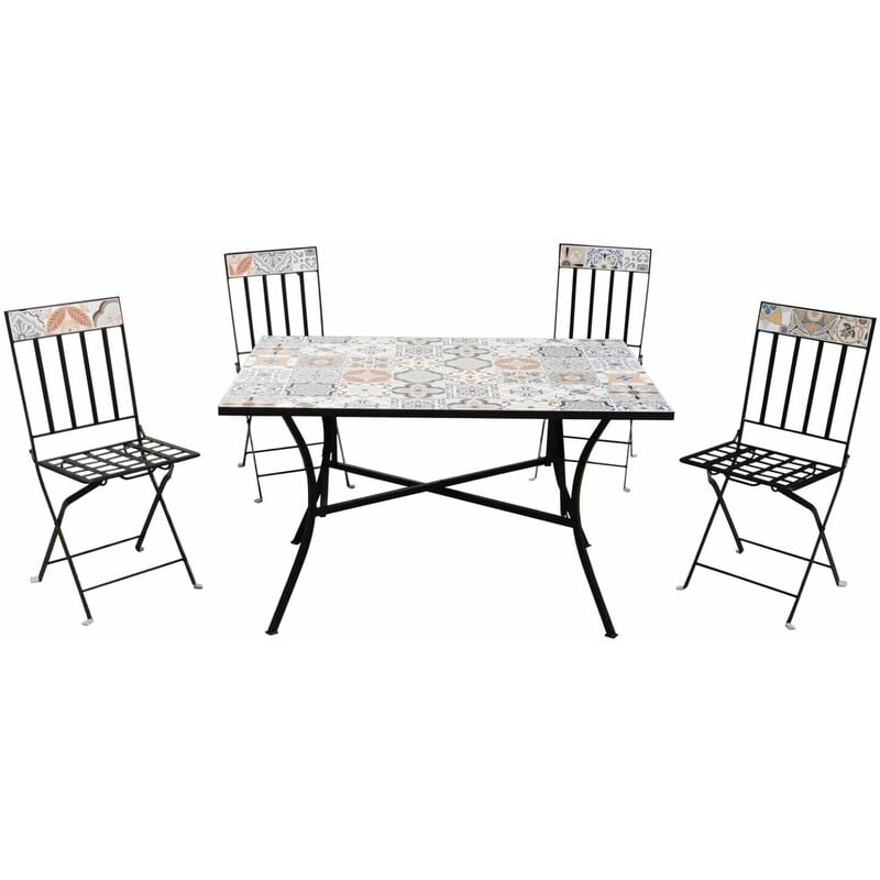 Salotto Maiolica Rectangulaire Sicile cadre en acier noir ensemble composé d'une table avec plateau carrelé et quatre chaises avec insert carrelé