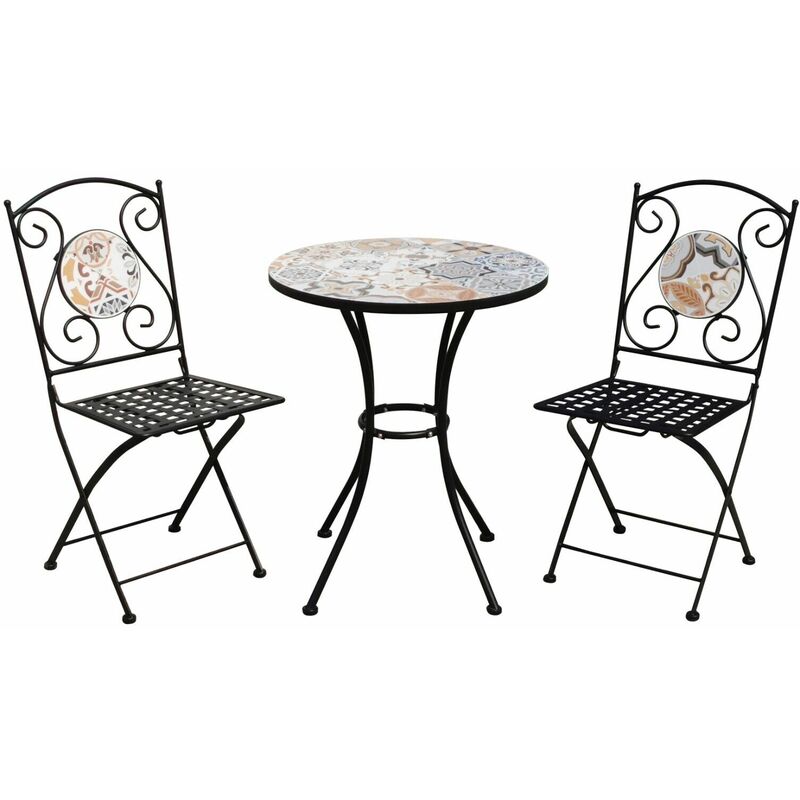 Salotto Maiolica Tondo Sicily ensemble en acier noir composé d'une table avec plateau carrelé et de deux chaises avec plateau carrelé - Garden Friend