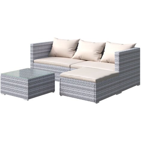 Garden Furniture 4 Seats PE Rattan Patio Set Outdoor Sofa Table with Backrest Cushion Grey