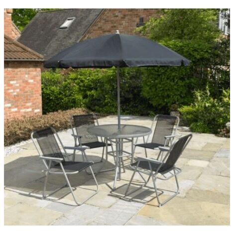Garden Furniture Folding Patio Set Round Glass Table 4 Chairs 160 cm Parasol Durable Steel Polyester Design 6 chairs