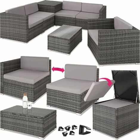 TECTAKE Garden Furniture Set Pisa - modular sofa, armchair, coffee table, cushion storage box - garden sofa, garden corner sofa, rattan sofa - grey