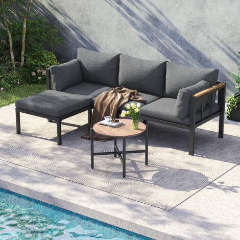Garden furniture set - 4 seats - corner set, sofa + coffee table + footstool, galvanized steel tube, glass top - Grey