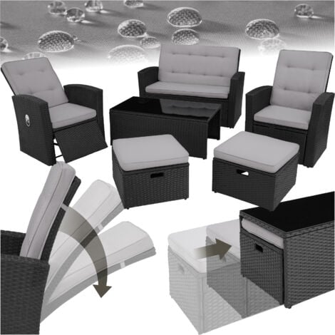 Garden Furniture Set Bari - 1 sofa, 2 armchairs, 2 footstools and 1 table - garden table and chairs, bistro set, patio set - black