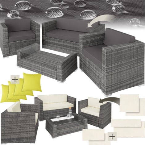Garden Furniture Set Munich - outdoor sofa, 2 armchairs, table, 2 cushion cover sets - garden sofa, rattan sofa, garden sofa set - grey