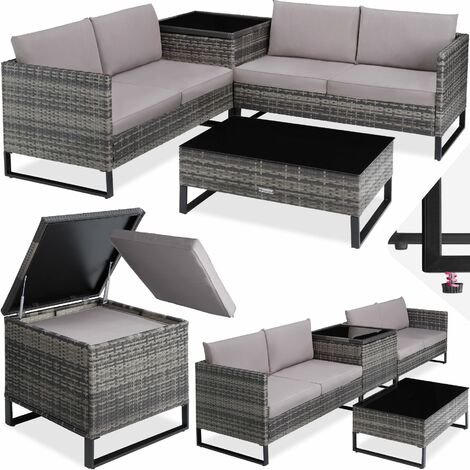 Garden Furniture Set Ostuni - for 4 people, large storage box, table, thick cushions - garden furniture set.garden table and chairs, bistro set, garden corner sofa - grey