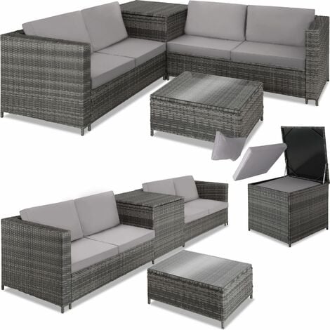 TECTAKE Garden Furniture Set Siena - for 4 people, with large storage box, thick seat cushions - garden sofa, garden corner sofa, rattan sofa - grey/light grey